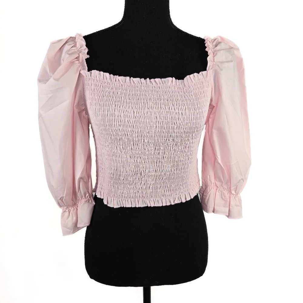 ROOSCIER Smocked Crop Top Puff Sleeve Square Neckline Size Large Blush Pink